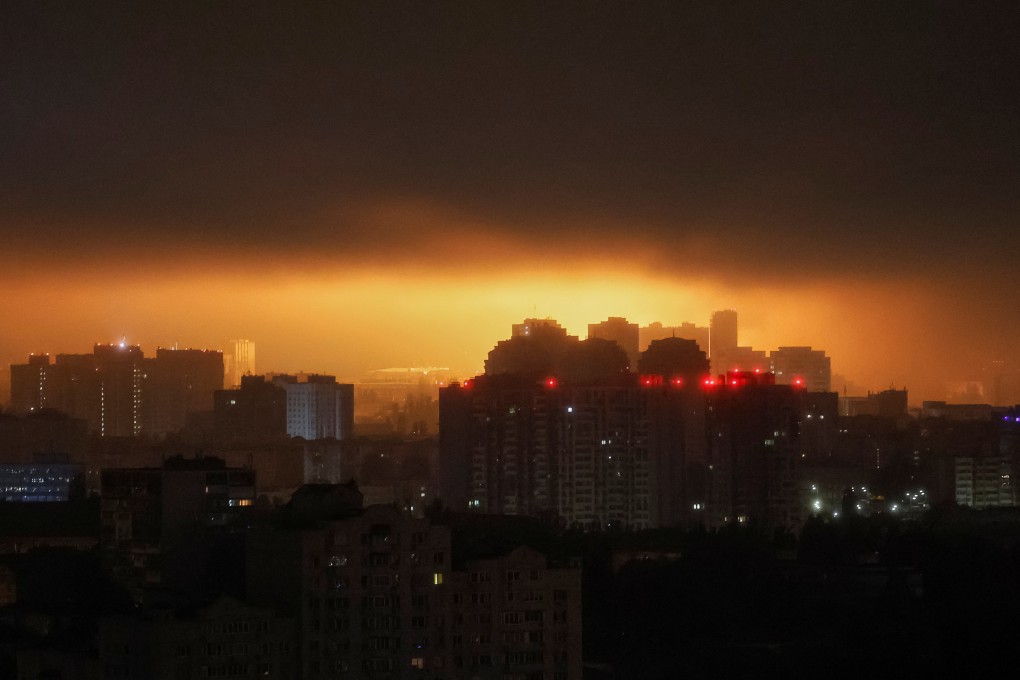 An explosion of a drone lights up the sky over the Ukraine capital Kyiv. Photo: Reuters
