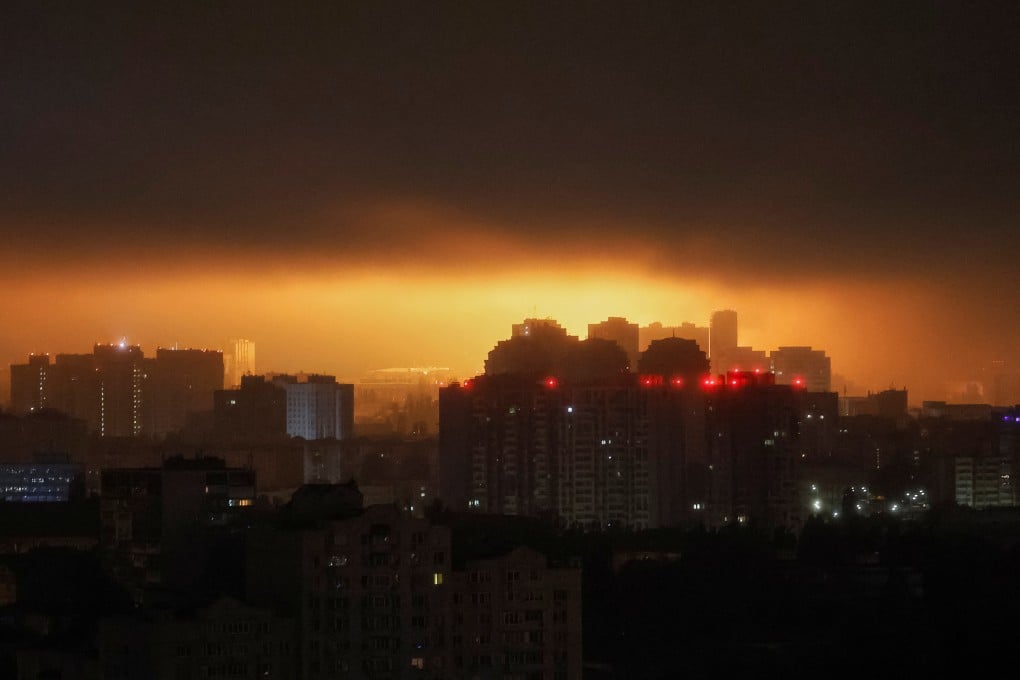 An explosion of a drone lights up the sky over the Ukraine capital Kyiv. Photo: Reuters