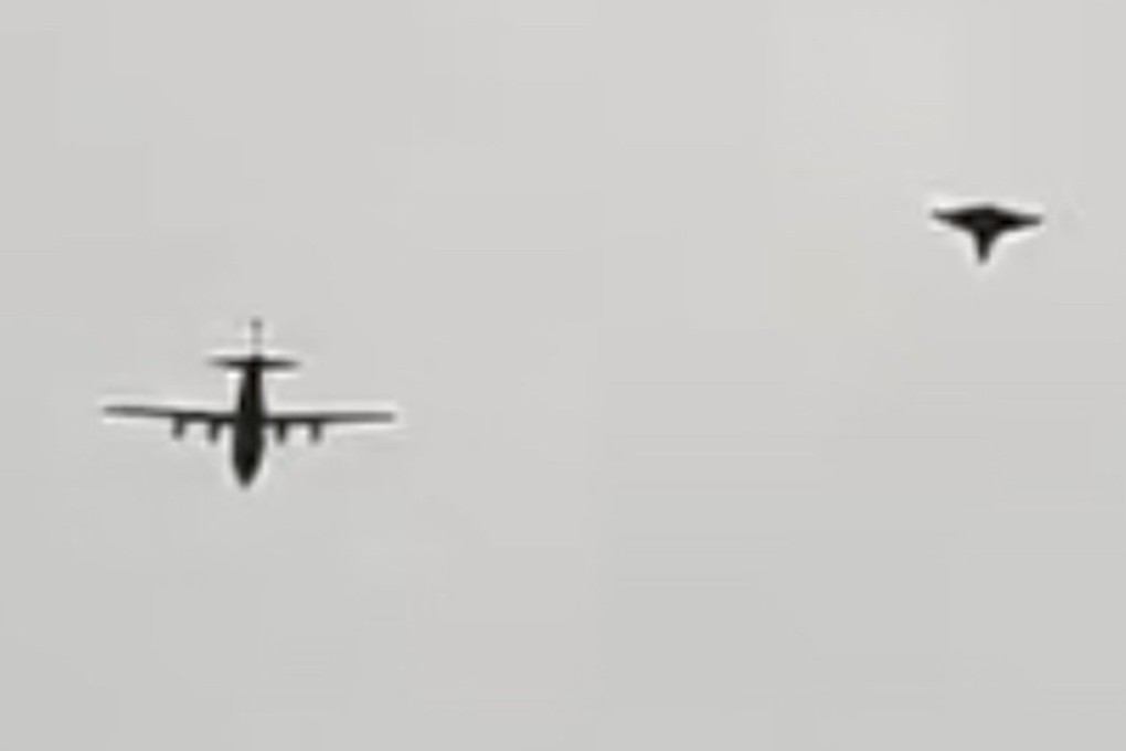 A new video circulating online shows what appears to be a Chinese tailless drone flying in formation with a turboprop. The footage shows the tailless aircraft with a distinctive diamond-shaped delta wing configuration. Photo: Handout