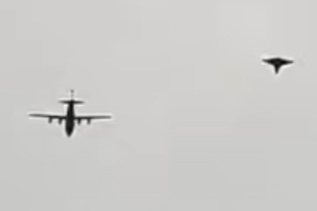 A new video circulating online shows what appears to be a Chinese tailless drone flying in formation with a turboprop. The footage shows the tailless aircraft with a distinctive diamond-shaped delta wing configuration. Photo: Handout