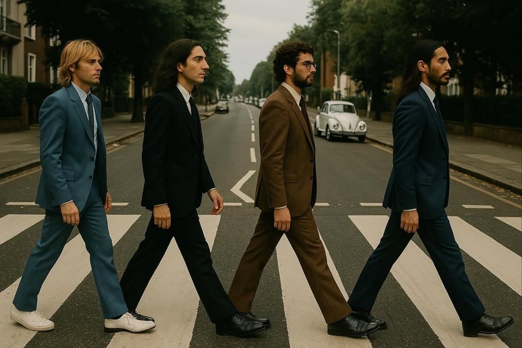 A image from The Velvet Sundown’s Instagram page mimics the famous cover of the Beatles’ Abbey Road album. Photo: Instagram/thevelvetsundownband