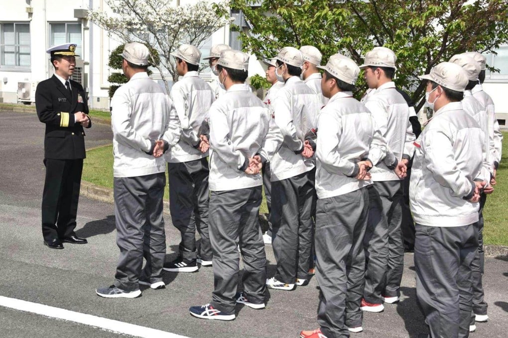 New employees line up for marching drills during a two-day “enlistment experience” programme at the Maritime Self-Defence Force’s Ozuki Air Base in Yamaguchi prefecture. Photo: Japan Maritime Self-Defence Force