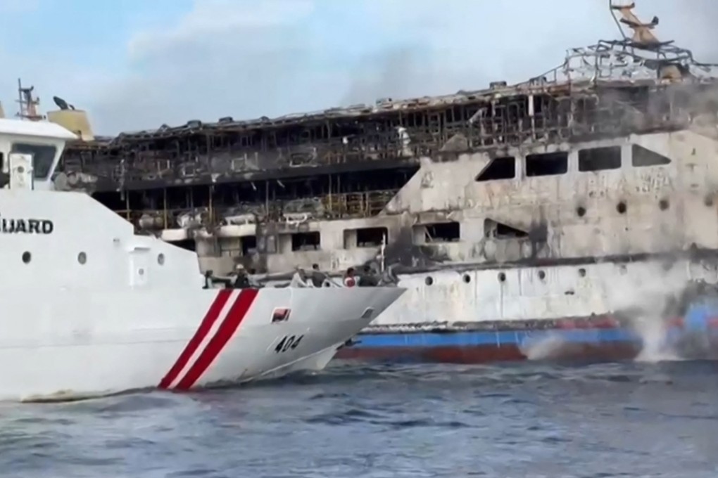 The KM Barcelona 5 ferry after a fire broke out while on its way to Manado, Indonesia, on Sunday. Photo: AFP