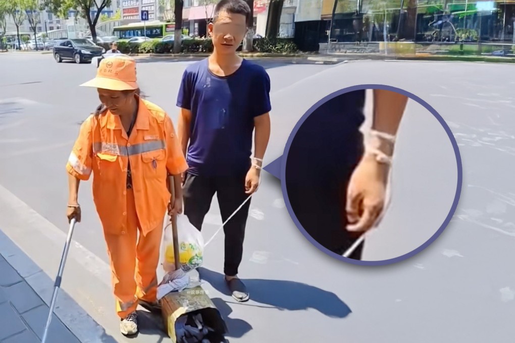A Chinese mother attaches her mentally disabled son to herself while she works to prevent him from wandering, attracting public attention. Photo: SCMP composite/Douyin