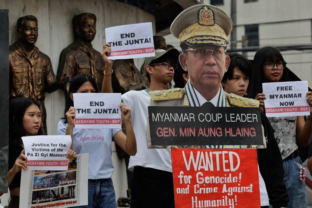 Protesters rally against Myanmar’s junta leader Min Aung Hlaing in Quezon City, Philippines, in April. Photo: EPA-EFE