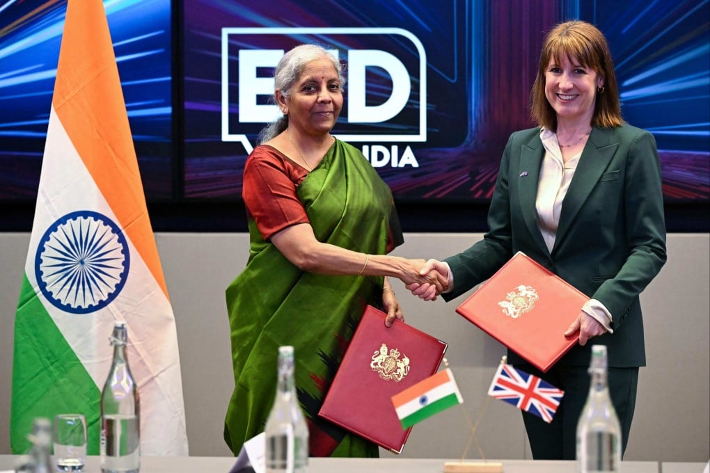 Britain’s Chancellor of the Exchequer Rachel Reeves (right) greets Indian Finance Minister Nirmala Sitharaman during the India-UK Economic and Financial Dialogue at the London Stock Exchange on April 9. The two sides are expected to finalise a broader trade agreement during Prime Minister Narendra Modi’s visit this week. Photo: AFP
