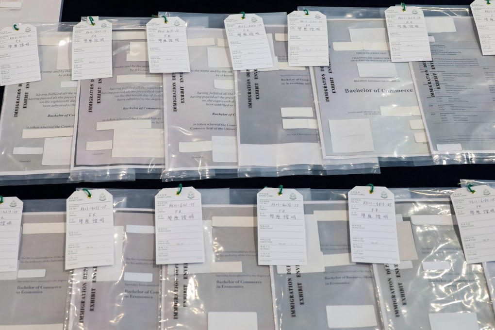 Some of the forged documents displayed as evidence. Authorities estimate that the group has worked on at least 22 talent scheme applications. Photo: Handout