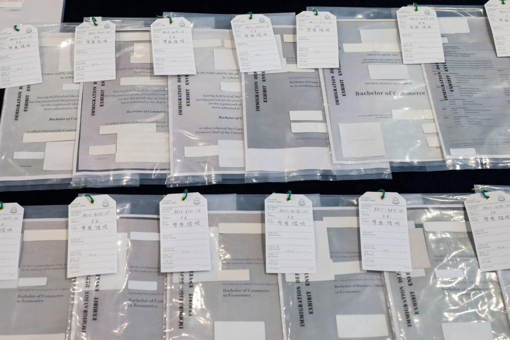 Some of the forged documents displayed as evidence. Authorities estimate that the group has worked on at least 22 talent scheme applications. Photo: Handout