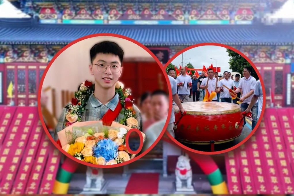 A student in China who has become the first person in his family in over a century to be accepted into a prestigious university has been awarded with a grand ancestral ceremony. Photo: SCMP composite/Douyin