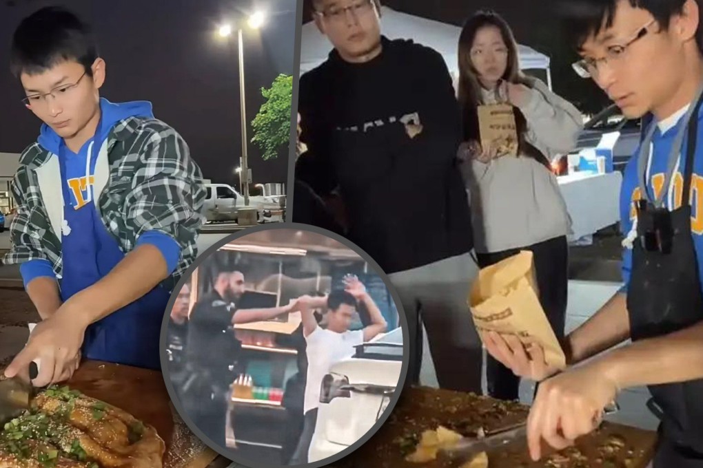 A Chinese man who sells savoury pancakes in the United States has been arrested for operating without a business licence amid a turf dispute with a rival vendor. Photo: SCMP composite/Douyin