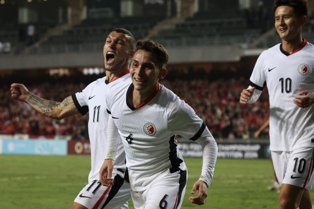 Nicholas Benavides (middle) celebrates scoring for Hong Kong against Guam last December. Photo: Dickson Lee