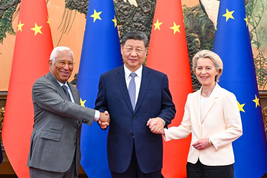 President Xi Jinping (centre) with Antonio Costa, leader of the European Council, and President of the European Commission Ursula von der Leyen at the Great Hall of the People in Beijing on Thursday. Photo: Xinhua