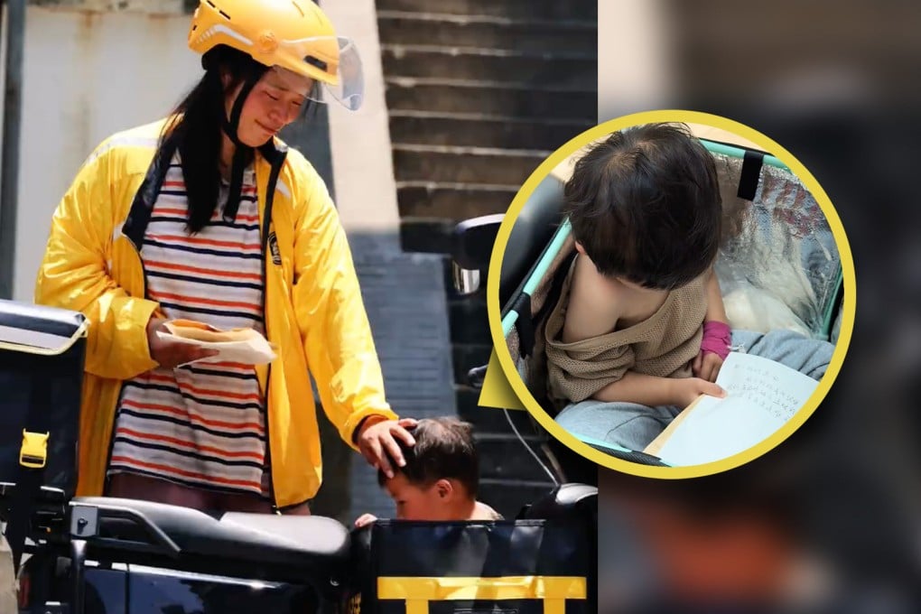 A Chinese mother has drawn online attention and sympathy after delivering food with her four-year-old daughter, who has a tumor, in a courier box. Photo: SCMP composite/Douyin