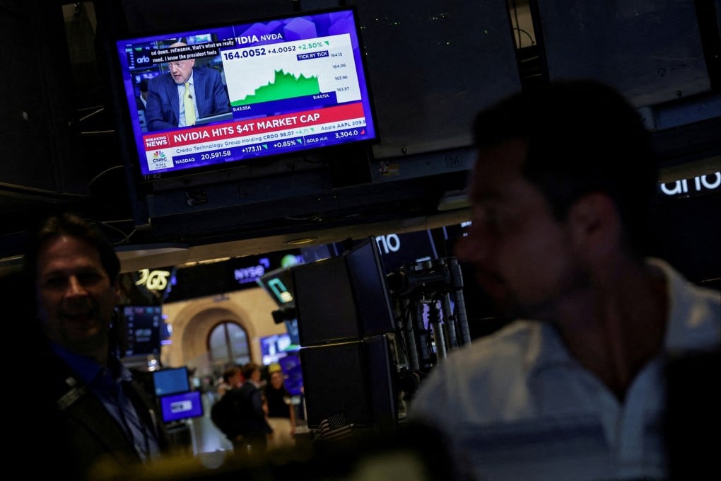 A screen displays news of Nvidia hitting US$4 trillion in market capitalisation on the floor at the New York Stock Exchange in New York City on July 9. Photo: Reuters