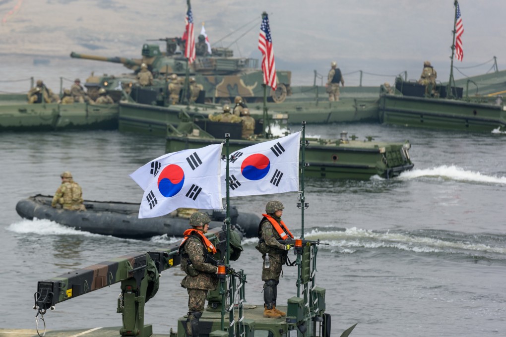 US and South Korean army soldiers participate in a joint river-crossing exercise in the Imjin River near the border town of Yeoncheon. Photo: SOPA Images/LightRocket/Getty Images