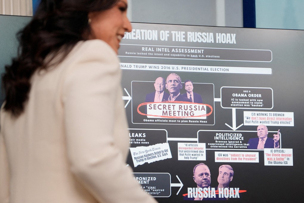 Director of National Intelligence Tulsi Gabbard uses a surprise White House appearance to attack Donald Trump’s enemies on the Russia investigation. Photo: Reuters