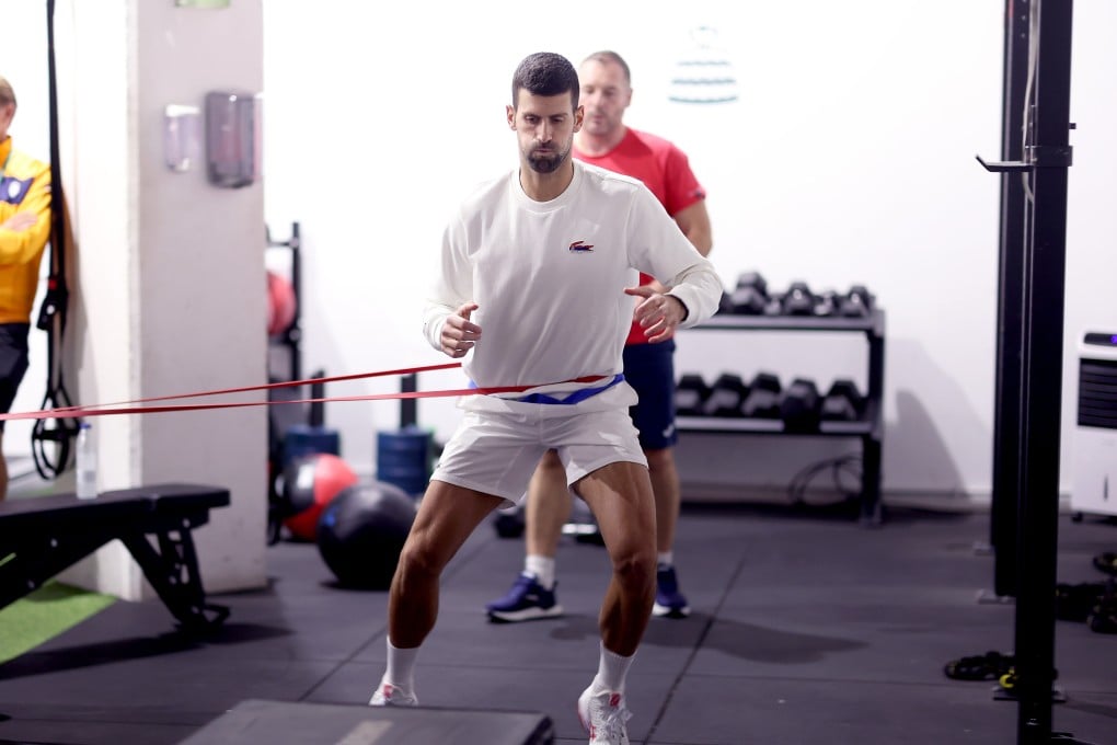 Novak Djokovic warms up in the gym prior to a match in the Davis Cup Final on November 23, 2023 in Malaga, Spain. Photo: Getty Images