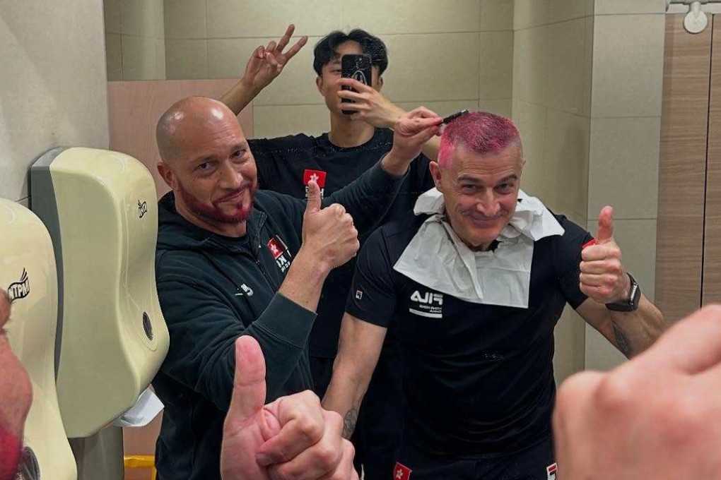 Ryan Choi (middle) with his Italian coaches Maurizio Zomparelli (right) and Giacomo Fanizza after they had to dye their hair and beard pink after Choi’s win at the Shanghai Grand Prix in May. Photo: Instagram/@ryanchoiiiii
