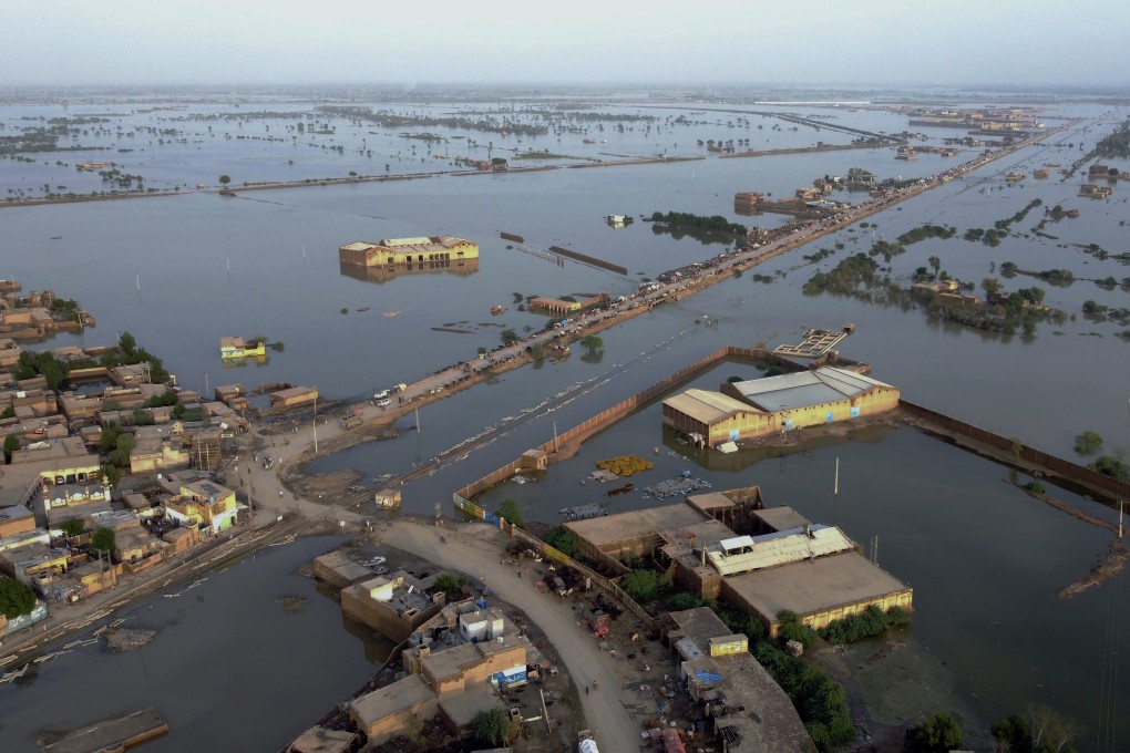 Homes and fields are seen submerged in Pakistan’s southwestern Balochistan province after the massive, widespread floods of 2022. Photo: AP