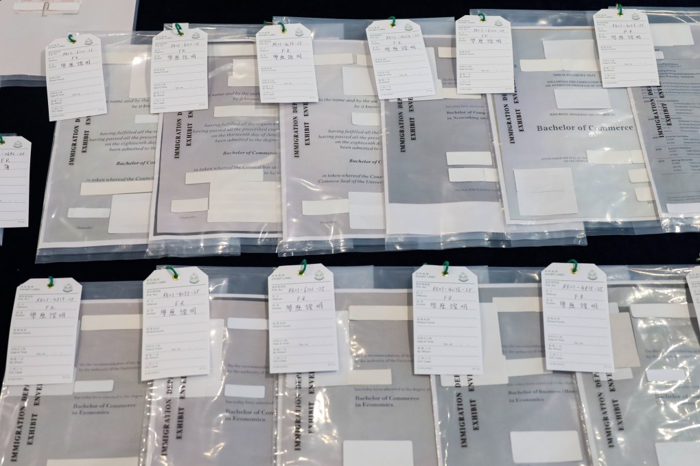 Documents forged by a syndicate trying to defraud the talent pass scheme are displayed as evidence. Authorities estimate that the group has worked on at least 22 talent scheme applications. Photo: Handout