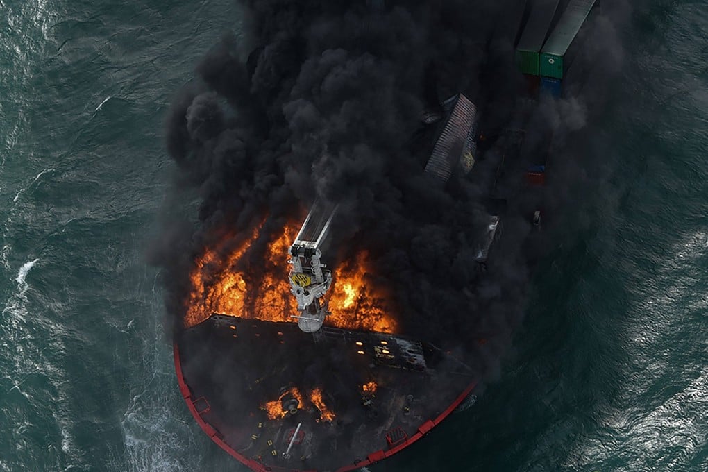 Flames and smoke billow from the container ship MV X-Press Pearl that sank off Colombo in June 2021 after catching fire. Photo: Sri Lanka air force/AFP