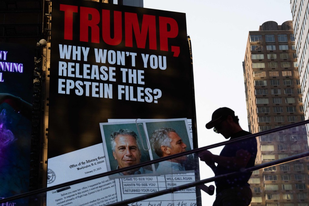 A billboard in New York’s Times Square on Wednesday calls for the release of the Epstein files. Photo: AFP