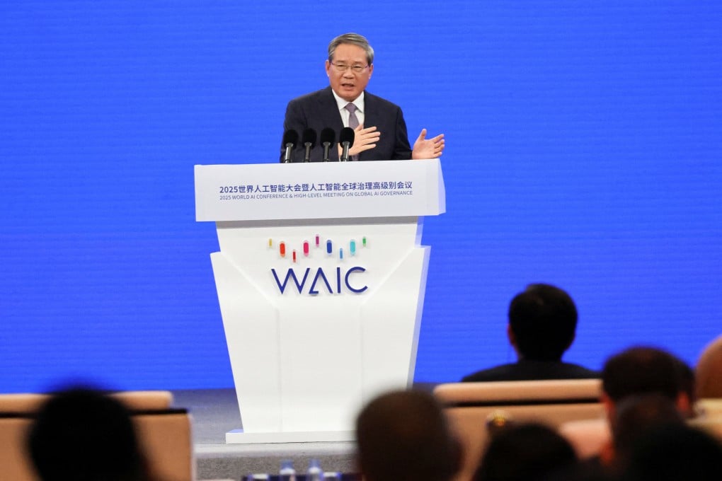 Chinese Premier Li Qiang addresses global AI experts and industry representatives at the World Artificial Intelligence Conference, in Shanghai on Saturday. Photo: Reuters