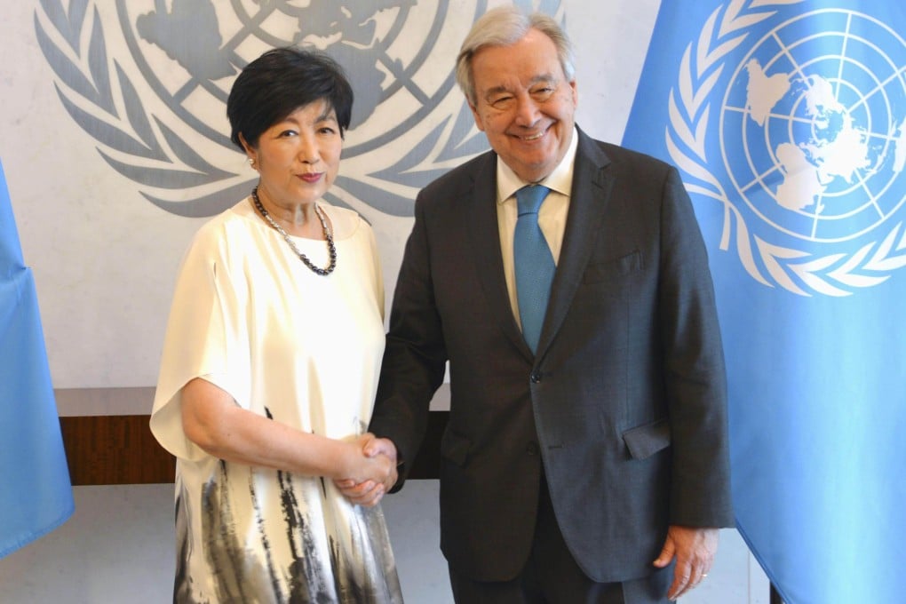 Tokyo Governor Yuriko Koike (left) meets UN Secretary General Antonio Guterres at the UN headquarters in New York on Thursday. Photo: Kyodo
