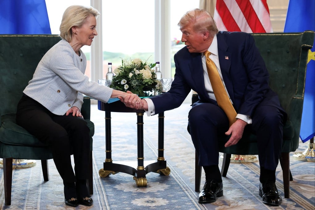 US President Donald Trump shakes hands with European Commission President Ursula Von der Leyen, in Turnberry, Scotland, UK on Sunday. Photo: Reuters