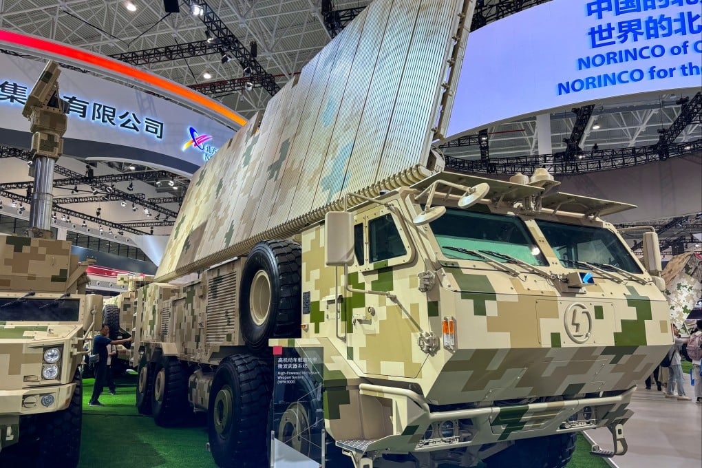 An HPM3000 high-powered microwave weapon system on display at the Zhuhai air show. Chinese researchers have unveiled a design that outlines a compact, relativistic electron beam device that could generate a rapid-fire sequence of sub-nanosecond-scale microwave bursts. Photo: SCMP