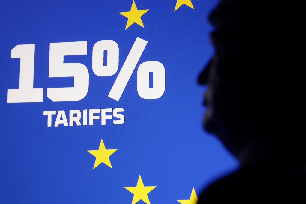 An illustration shows a 3D-printed miniature of US President Donald Trump, EU flag and words “15% tariffs” on Sunday. Photo: Reuters