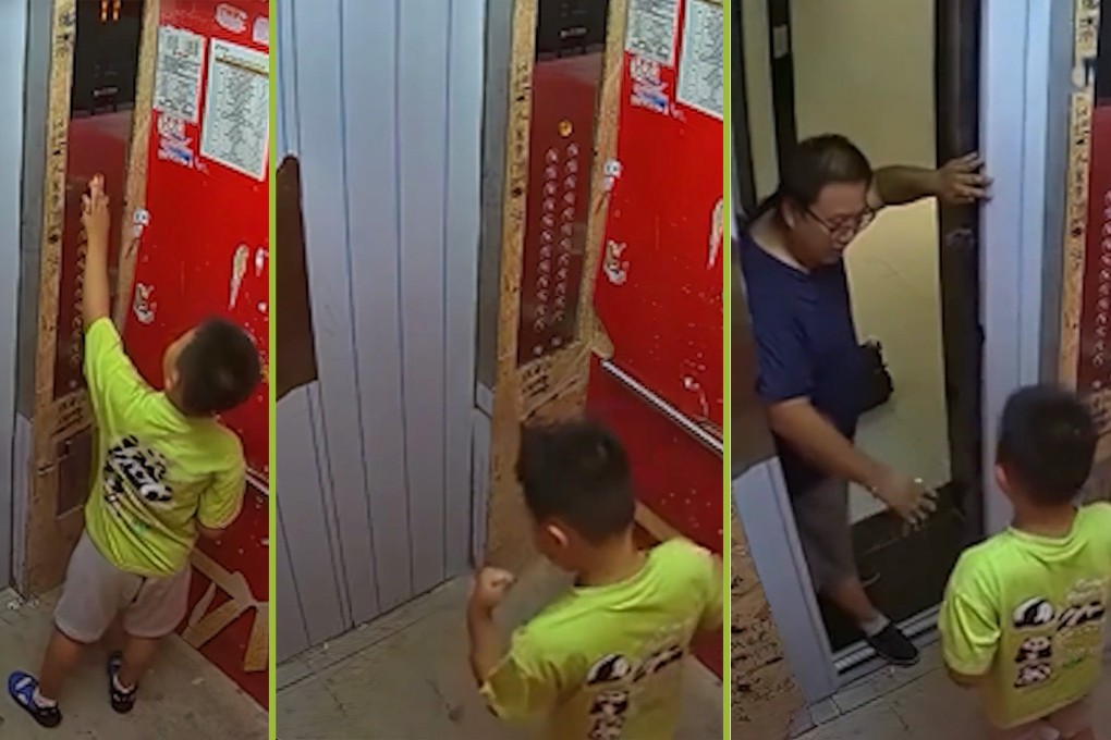 A Chinese boy remained composed while stuck in a lift, pressed the emergency button to get help, and motivated himself with positive affirmations and classic poems. Photo: SCMP composite/Douyin