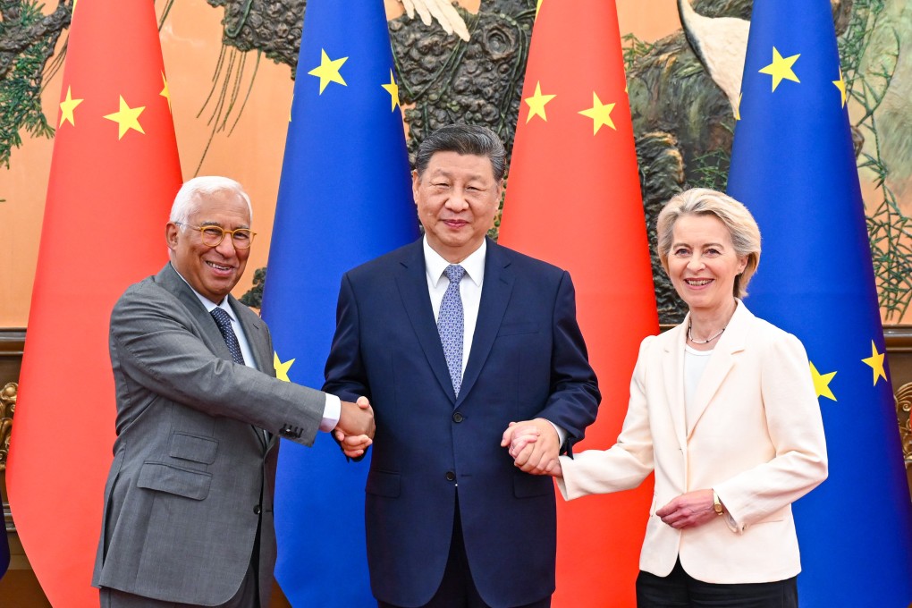President Antonio Costa (left) and European Commission President Ursula von der Leyen (right) shake hands with Chinese President Xi Jinping (centre) at the Great Hall of the People in Beijing on Thursday. Photo: Xinhua