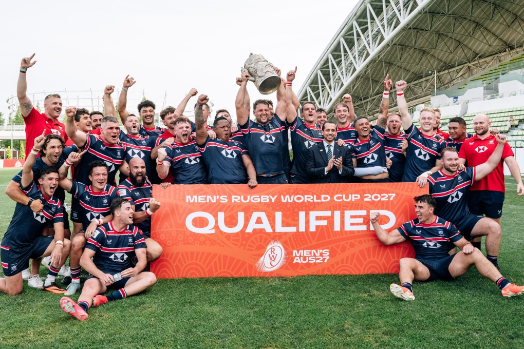 Hong Kong players celebrate winning the Asia Rugby Championship in South Korea this month, which clinched their place in the World Cup. Photo: HKCR