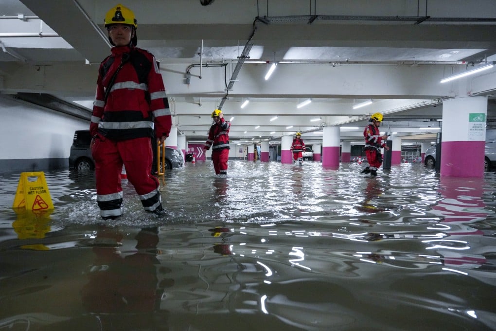 An underground parking space in Chai Wan has been flooded with water. Photo: May Tse