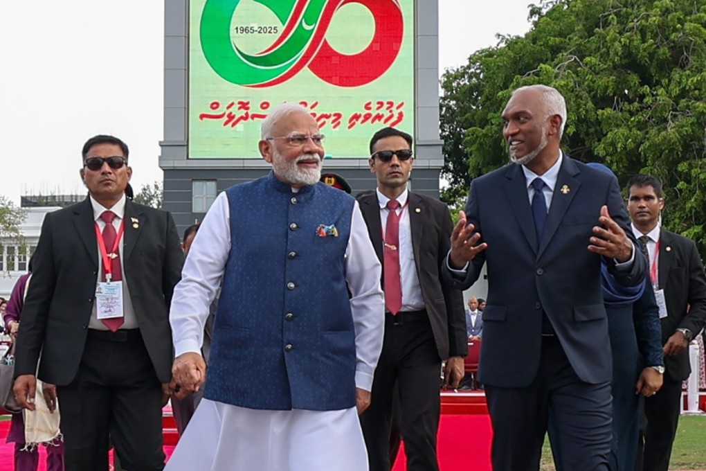 Indian Prime Minister Narendra Modi (second from left) with Maldives President Mohamed Muizzu (right) during the Maldives’ 60th Independence Day celebrations in Male, Maldives on July 26. Photo: EPA/India’s Press Information Bureau