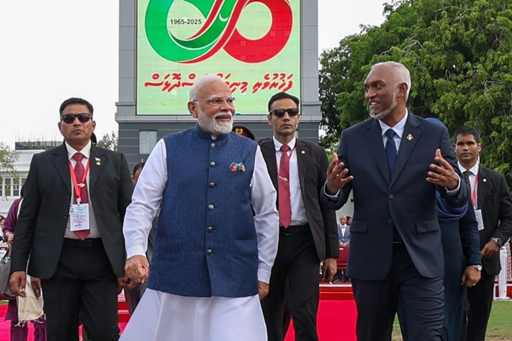 Indian Prime Minister Narendra Modi (second from left) with Maldives President Mohamed Muizzu (right) during the Maldives’ 60th Independence Day celebrations in Male, Maldives on July 26. Photo: EPA/India’s Press Information Bureau