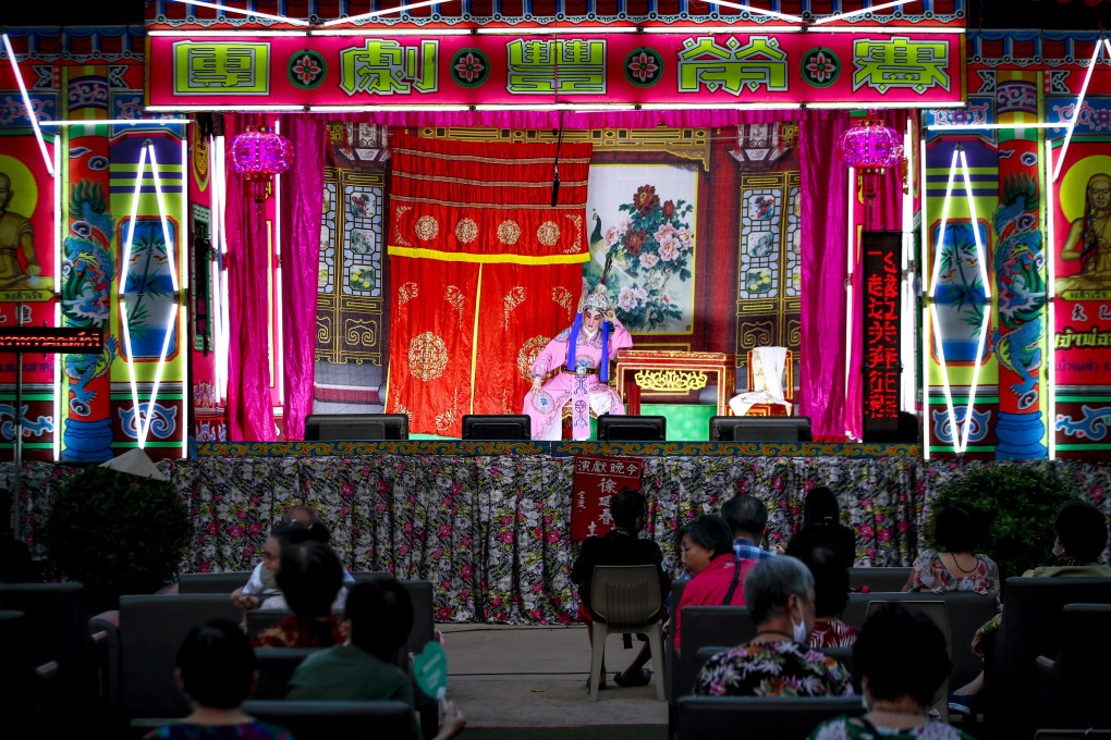 A Chinese opera performance in Bangkok ahead of Lunar New Year in February 2021. Most of the performers, hired by local shrines to perform in Chinatown during festivals, are descended from Teochew. Photo: EPA-EFE