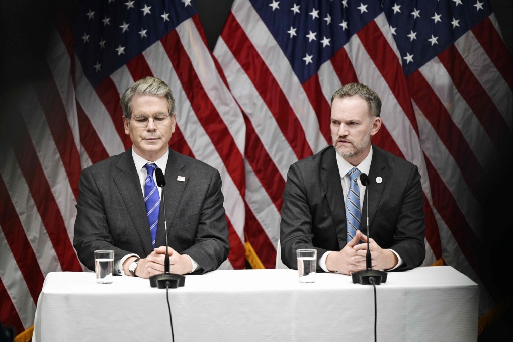 US Treasury Secretary Scott Bessent (left) and US Trade Representative Jamieson Greer attend a press conference in Stockholm, Sweden, after a third round of trade negotiations with China. Photo: AFP