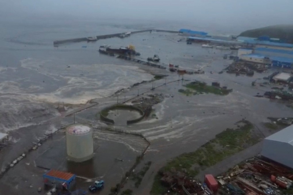 Tsunami waves flood an area in the Sakhalin region of Russia on Wednesday after a magnitude 8.8 earthquake struck off the Kamchatka peninsula. Photo: Geophysical Survey of the Russian Academy of Sciences/Reuters