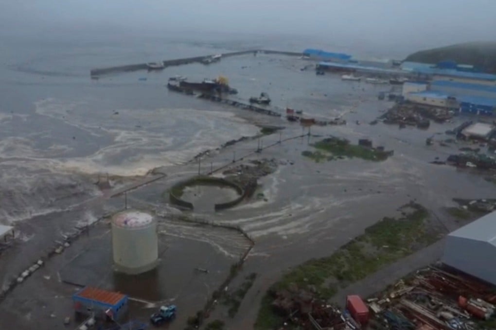 Tsunami waves flood an area in the Sakhalin region of Russia on Wednesday after a magnitude 8.8 earthquake struck off the Kamchatka peninsula. Photo: Geophysical Survey of the Russian Academy of Sciences/Reuters