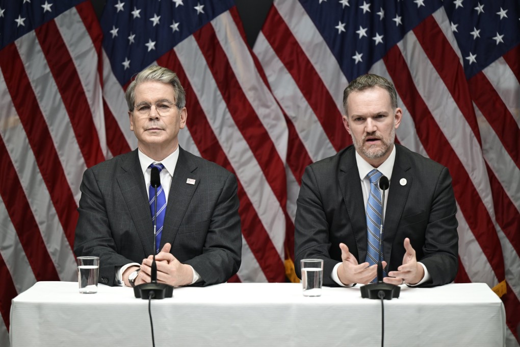 US Treasury Secretary Scott Bessent (left) and US Trade Representative Jamieson Greer discussing the trade talks with China in Stockholm, Sweden, on Tuesday. Photo: EPA