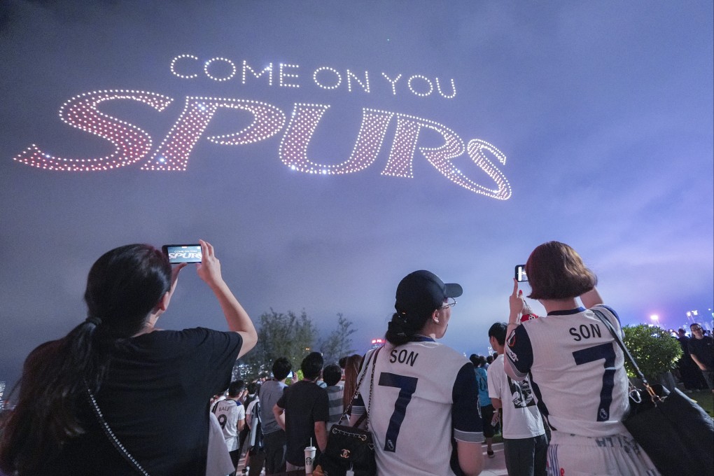 The drone show features dynamic Tottenham-themed animations and imagery. Photo: Eugene Lee