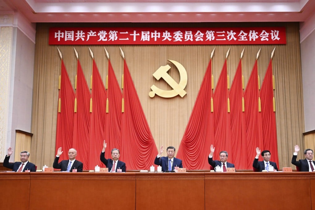 Politburo Standing Committee members (from left) Li Xi, Cai Qi, Zhao Leji, Xi Jinping, Li Qiang, Wang Huning and Ding Xuexiang attend the third plenary session of the 20th Communist Party Central Committee held in Beijing from July 15 to 18 of last year. Photo: Xinhua via AP