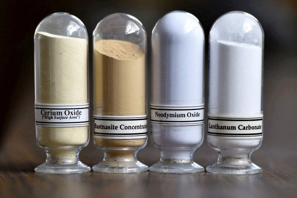 Samples of rare earths (from left) cerium; bastnasite, a carbonate mineral containing other rare earth elements; neodymium; and lanthanum, on display at the Mountain Pass Rare Earth Mine in California. Photo: Reuters