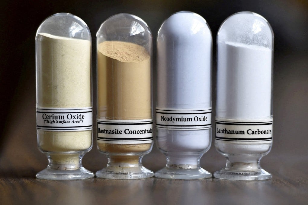 Samples of rare earths (from left) cerium; bastnasite, a carbonate mineral containing other rare earth elements; neodymium; and lanthanum, on display at the Mountain Pass Rare Earth Mine in California. Photo: Reuters