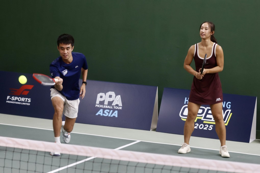 Pickleball players Jack Wong (left) and Long Yufei play during a media session at Stackd Pickleball in Wanchai, Hong Kong, on July 15, 2025, ahead of the PPA Tour Asia’s inaugural Hong Kong Open pickleball tournament in August. Photo: Jonathan Wong