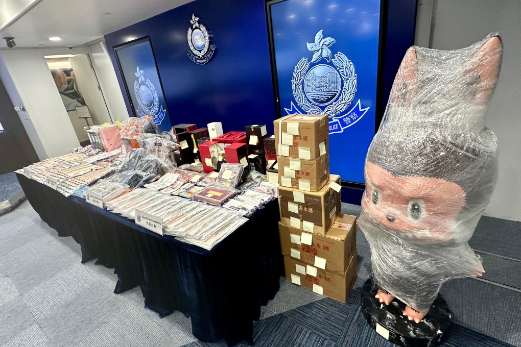 A giant Labubu figure was among the items seized as evidence. Photo: Handout