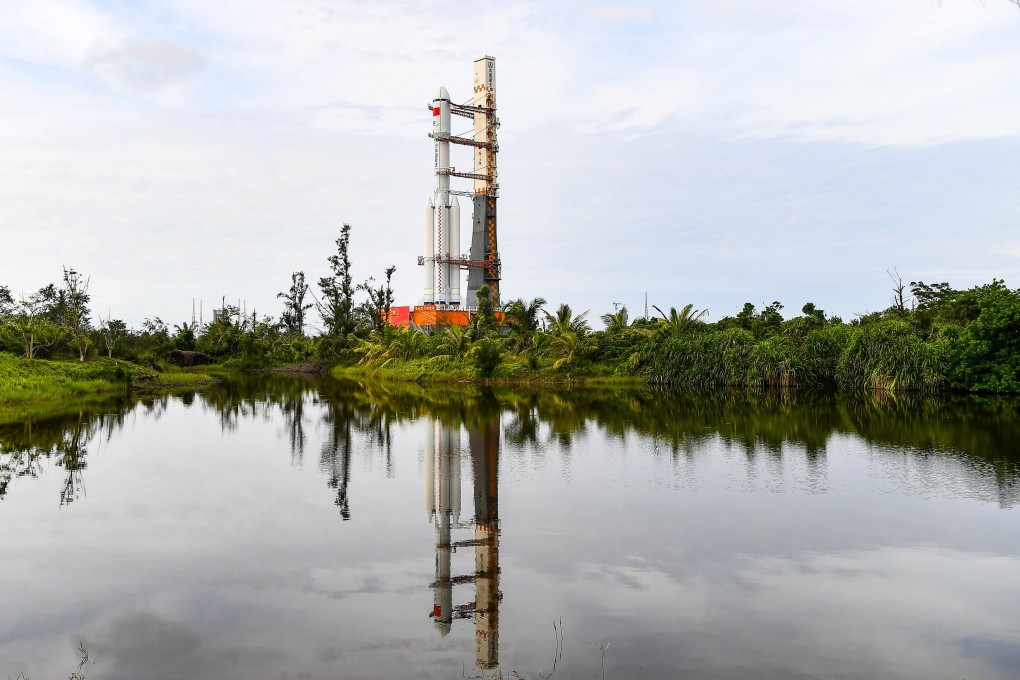 The Tianzhou-9 cargo craft and a Long March-7 carrier rocket are vertically transferred to the launch site in Wenchang, Hainan on July 12. Experts believe that space-based solar power is now technically feasible, given advancements in reusable heavy-lift rockets. Photo: EPA/Xinhua