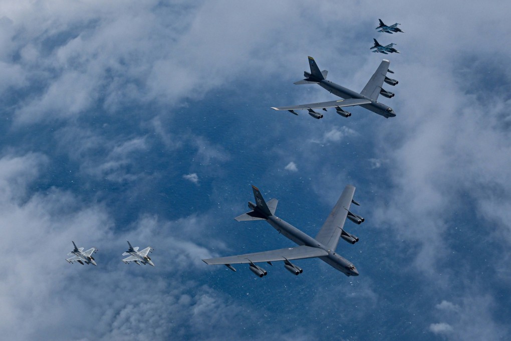 On July 11, US Air Force B-52H bombers, South Korean Air Force KF-16 fighter jets and Japanese Air Self-Defence Force F-2 fighter jets take part  a joint air drill over international waters off South Korea’s southern island of Jeju. Photo: South Korean Defence Ministry/AFP